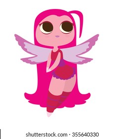 Image of beauty cartoon female fairy with big eyes, butterfly wings, pink skin and pink hair. Made in flat style, without shadows and highlights. vector illustration
