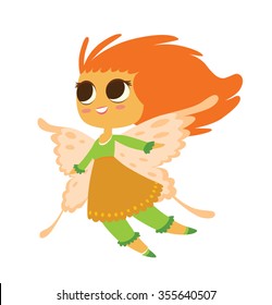 Image of beauty cartoon female fairy with big eyes, butterfly wings, orange skin and orange hair. Made in flat style, without shadows and highlights. vector illustration
