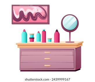 Imagen de muebles de salón de belleza. Esta ilustración cuenta con una cómoda y productos de cuidado en un estilo brillante y colorido que muestra un diseño sofisticado. Ilustración vectorial.