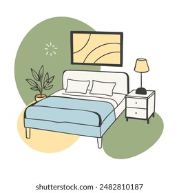 Image of a bedroom on a white background. Illustration of a bed, houseplant, painting, bedside table.  Vector illustration.