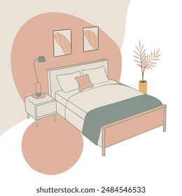 Image of a bedroom on a white background. Illustration of a bed, houseplant, painting, bedside table.  Vector illustration.