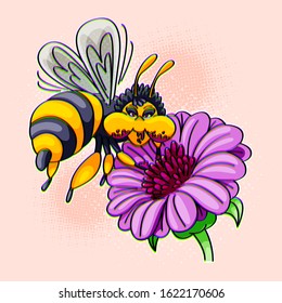 An image of a bee flying over a violet flower. The background has some halftone elements. Vector illustration.
