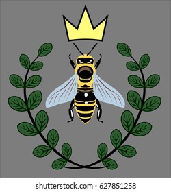 Image of a bee with laurel branches and crown. Old School tattoo style