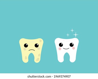 Image before and after cleaning and whitening teeth dental care concept.Cartoon tooth character happy bright tooth and moody dirty tooth comparison.vector illustration on blue background.