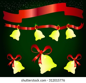 Image with bells on green background, and scarlet satin ribbons