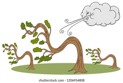 An Image Of A Bending Trees And Cloud Blowing Wind Cartoon.