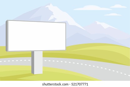 The image of the Billboard on the background of green hills and mountain peaks