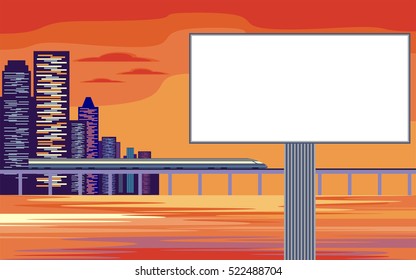 The image of the Billboard on the background of a modern coastal city. Cityscape with tall buildings, skyscrapers and high speed rail. Vector background for design  web sites and banners.
