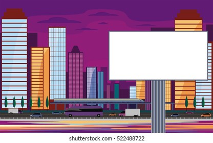 The image of the Billboard on the background of a modern coastal city. Cityscape with tall buildings, skyscrapers and high speed rail. Vector background for design presentations and banners.