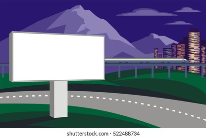 The image of the Billboard on the background of a modern city. Cityscape with tall buildings, skyscrapers and high speed rail. Vector background for design presentations, web sites and banners.