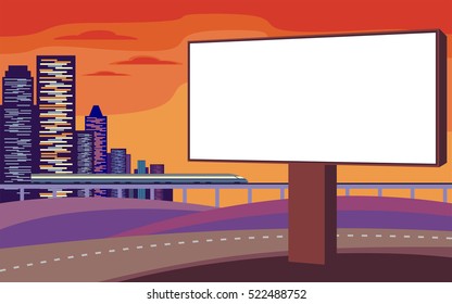 The image of the Billboard on the background of a modern city. Cityscape with tall buildings, skyscrapers and high speed rail. Vector background for design presentations,  web sites and banners.