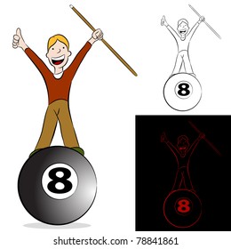 An image of a billiard player standing on the eight ball holding a cue stick.