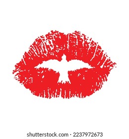 image of a bird in the middle of a lip print.vector illustration.red elements isolated on white background.modern design perfect for t shirt,poster,greeting card,banner and different uses