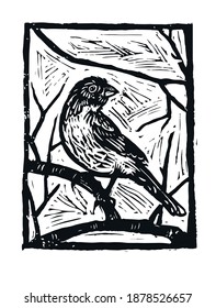 
Image of a bird on a branch. Vector black and white linocut bird print.