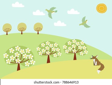 
Image of birds and spring grassland.Illustration of Mountain of Spring. 