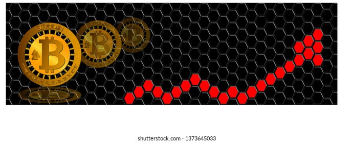 Image of a bitcoin coin and a red arrow on a black background in the form of a mosaic. Vector illustration.