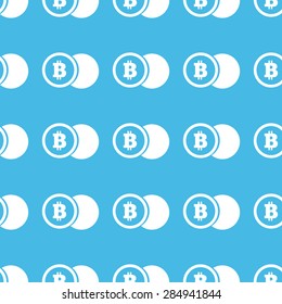 Image of bitcoin coin, repeated in straight lines on blue background