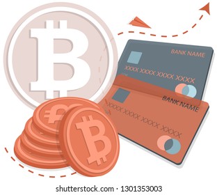 Image of bitcoins and bank cards on a vector background. Symbols of electronic money and rate fluctuations. Blockchain online and cryptocurrency.