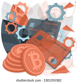 Image of bitcoins cryptocurrency and bank cards on a vector background. Symbols of electronic money, currency fluctuations and internal business mechanisms. Blockchain