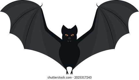 An image of a black bat with fangs and bright orange eyes. A bat with open wings. A blood-sucking flying animal. A Halloween symbol. Vector illustration isolated on a white background