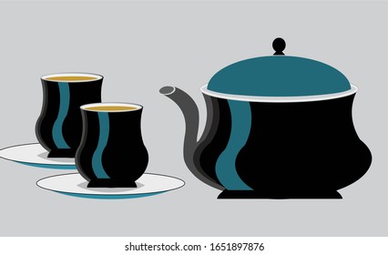Image of a black color, pottery shape, tea kettle and tea cups with saucer.