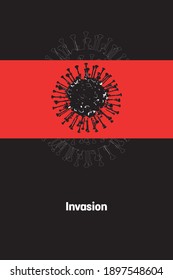 imagen del coronavirus negro sobre fondo negro rojo con la inscripción: invasión, imagen vectorial
