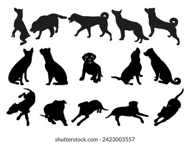 Image of a black dog silhouette in a pose, outline of pet, isolated vector
