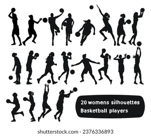 Image of black female silhouettes of basketball players in a ball game. 
Basketball