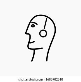 Image of black lines of a man's head on the side in headphones.  Vector made on light background.
