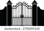 An image of a black metal gate with a curved top and pointed finials on a white background