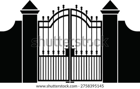 An image of a black metal gate with a curved top and pointed finials on a white background