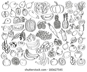 Image of black on a white background drawing of vegetables, fruits and berries.