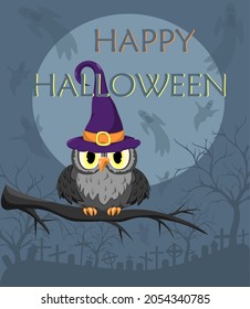 Image of a black owl with a witch's hat against the silhouettes of a cemetery and ghosts. Halloween greeting card. Vector illustration