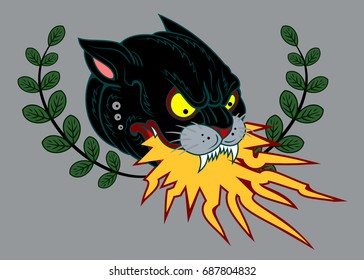 Image of a black panther, With flame from the mouth Against the background of laurel branches. Drawing in the style of Old School tattoo