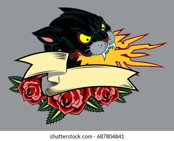 Image of a black panther, With flame from the mouth On banner and scarlet roses background. Drawing in the style of Old School tattoo