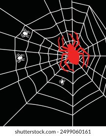 The image is a black and red logo featuring a spider and web design.