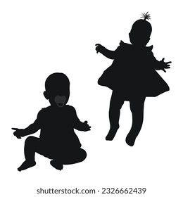 Image of a black silhouette of a baby up to a year. The child go, standing, sitting, running, walking, dance, hugging