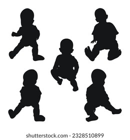 Image of a black silhouette of a baby up to a year. The child sitting, walking, dance