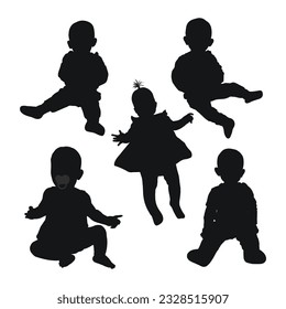 Image of a black silhouette of a baby up to a year. The child sitting, walking, dance