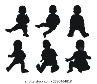 Image of a black silhouette of a baby up to a year. The child sitting, walking, dance