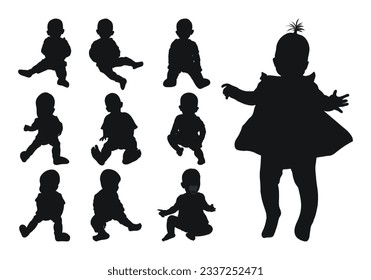 Image of a black silhouette of a baby up to a year, newborn. The child running, sitting, walking, dance, crawling, playing
