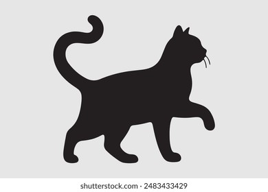 La Imagen es una silueta negra de un gato. El gato se representa caminando con una pierna delantera levantada, agregando una sensación de movimiento al diseño. Su cola se eleva y se enrosca ligeramente en el extremo. La silueta