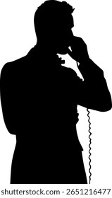 A imagem é uma silhueta preta de um homem de terno falando em um telefone, seu corpo inclinado ligeiramente para longe do espectador e o fio de telefone visível.