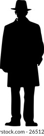 The image is a black silhouette of a man wearing a fedora and a long coat, standing with his hands in his pockets, suggesting a mysterious or gangster-like figure.