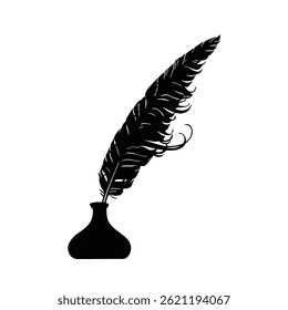 
The image is a black silhouette of a quill pen on a white background. The quill is angled downwards to the right, with a wavy line extending from the tip, representing ink.