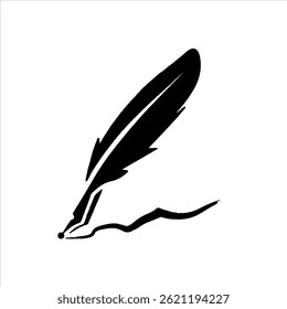 
The image is a black silhouette of a quill pen on a white background. The quill is angled downwards to the right, with a wavy line extending from the tip, representing ink.