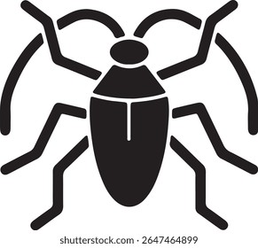 The image is a black vector illustration of a stylized insect. It has six legs, two antennae, and a segmented body, suitable as an icon or graphic element.
