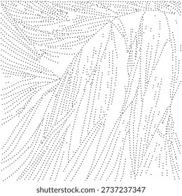 The image is a black and white abstract artwork featuring curved lines and dots that create a sense of movement and energy. The dots are densely packed, forming a textured pattern that gives the impression of depth and dimensionality.