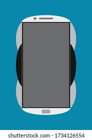 Image of a black and white color, curve shape, smartphone vector design having in blue background.