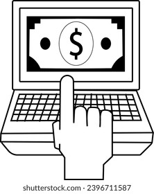 The image is a black and white drawing of a laptop with a dollar bill on the screen. The laptop is open and the screen is facing the viewer. The dollar bill on the screen is a simplified version with